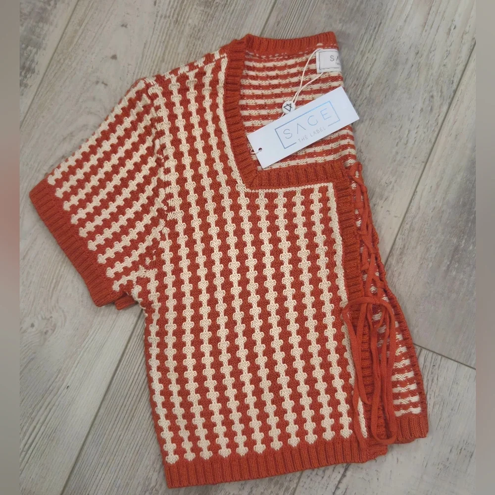 Sage The Label Orange & White Amore Lace-Up Cropped Sweater Top